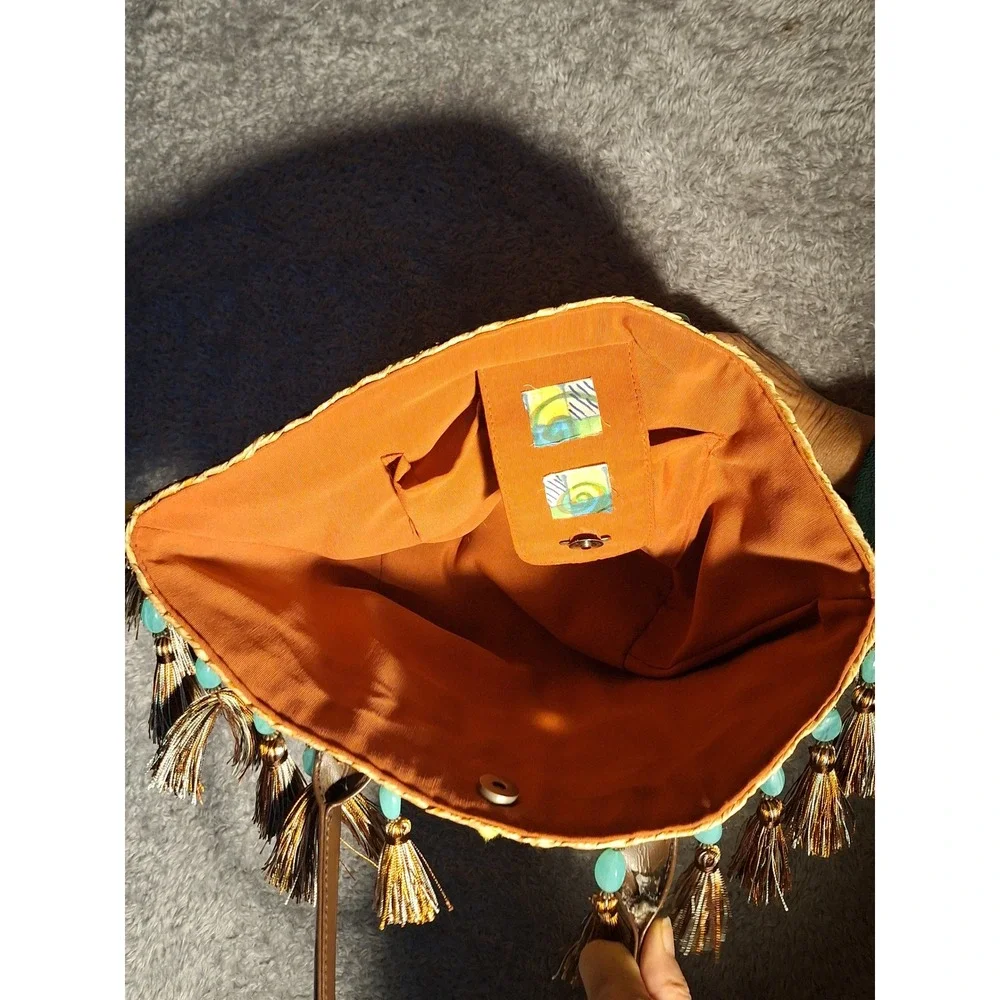 Sicilian Coffa Straw Tote Bag Sun Face Tassels PomPom Beach Vacation Handmade - Picture 8 of 11
